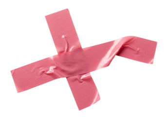 A cross shape made of pink adhesive tape is isolated on a transparent background showcasing its texture and color