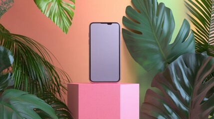 Modern smartphone on pink stand with tropical green leaves and colorful background in summer style display