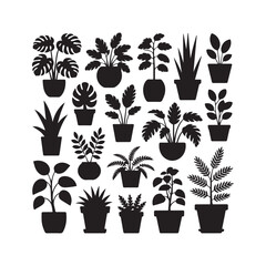 Black Silhouette Houseplants in Pots Vector Illustration