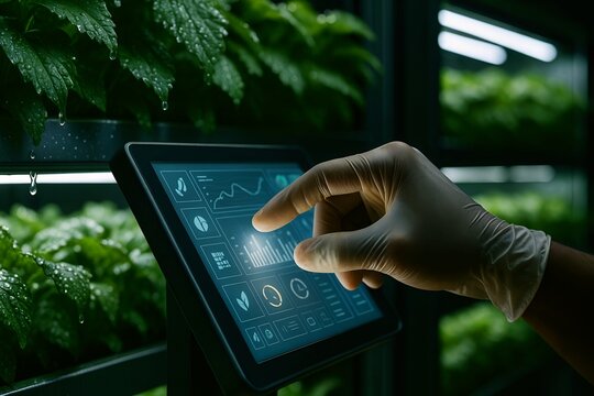 Precision Agriculture: Hand Interacting with Smart Farming Tablet in Vertical Farm