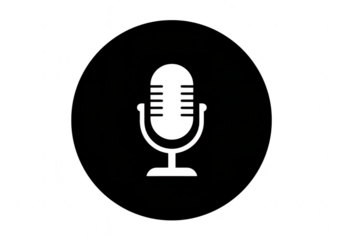 A simple black and white icon of a vintage microphone inside a black circle representing audio and recording isolated on transparent background