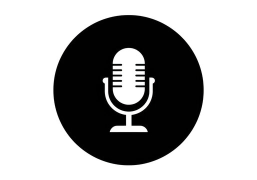 A simple black and white icon of a vintage microphone inside a black circle representing audio and recording isolated on transparent background