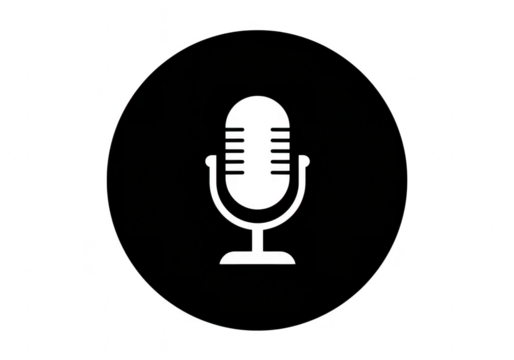 A simple black and white icon of a vintage microphone inside a black circle representing audio and recording isolated on transparent background - Powered by Adobe