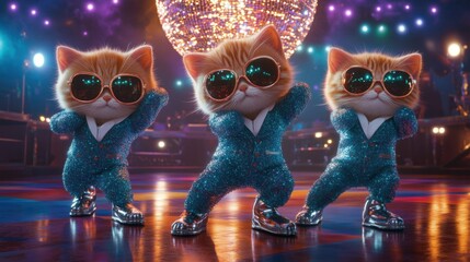 Three cute cats in sunglasses dancing on disco floor under lights in shiny costumes with bright background