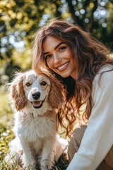 Smiling young woman with long hair sitting on grass in park and hugging happy dog in warm sunny weather
