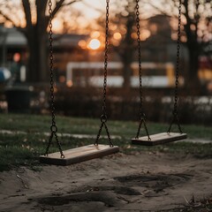 Empty Swings at Sunset: Dark Silhouette of Wooden Swings Against a Golden Hour Sky