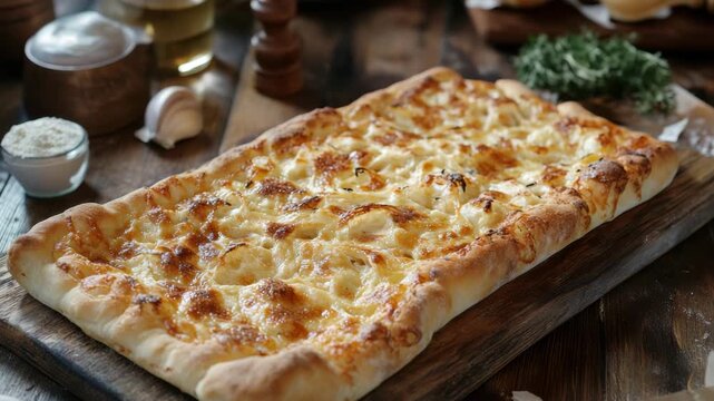 Cheesy rectangular pizza with golden melted cheese on wooden board surrounded by garlic, herbs, and spices creating warm appetizing food baked to perfection with rich melted cheese topping