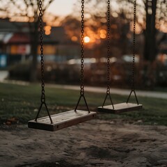 Empty Swings at Sunset: Dark Silhouette of Wooden Swings Against a Golden Hour Sky