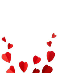 Red paper hearts scattered on white background for romantic decoration or craft projects