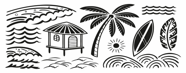 Hand-Drawn Doodle Beach and Surf Icon Set