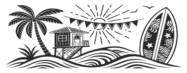 Hand-Drawn Doodle Beach and Surf Icon Set