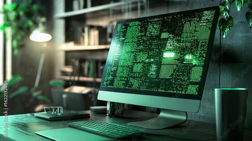 Poster computer screen displaying green code in modern workspace