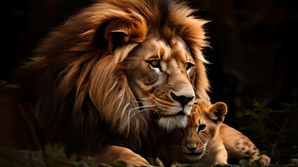 Majestic lion and lioness share a tender moment at sunset in the African savannah, showcasing love, lions in love.


