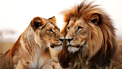 Majestic lion and lioness share a tender moment at sunset in the African savannah, showcasing love, lions in love.


