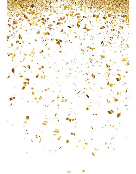 Golden dust, Golden sparkle splatter border. Gold Foil Frame, Pieces flakes on PNG vertical transparent background. A luxurious swirl of gold sequins. To advertise a product, wedding card, date.