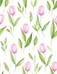 Watercolor Seamless Pattern Delicate Pink Tulips and Green Leaves