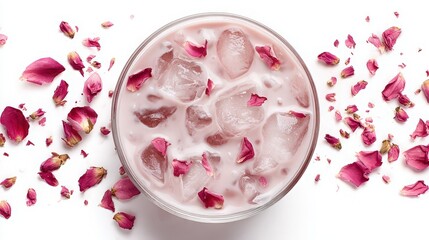 Rose milk tea with ice and floating petals