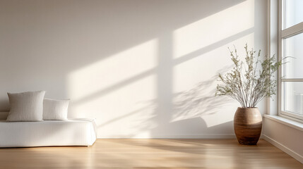 Bright and minimalistic interior design featuring a sofa and a decorative plant in natural light