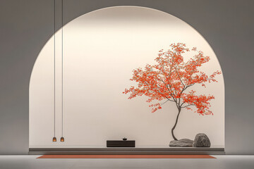 Elegant indoor space features a vibrant red tree, minimalist decor, and soft lighting, creating a serene atmosphere for relaxation