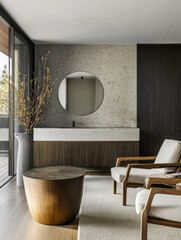 Modern living room design with natural elements in a serene interior space