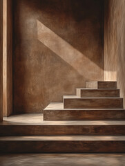 Textured staircase in a warm-toned interior space with natural light streaming through
