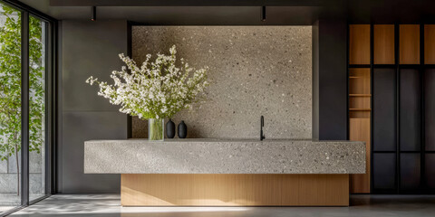 Contemporary interior design featuring minimalist kitchen with large floral arrangement in modern home setting