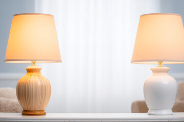 Elegant decorative lamps illuminate a cozy living room space during the afternoon