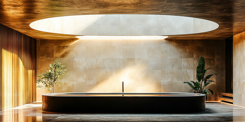 Modern bathroom design featuring a bathtub with natural light and greenery in a serene setting