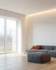 Modern living room with minimalist design and natural light during daytime