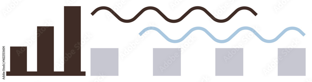 Poster brown bar chart with rising bars, wavy lines above squares symbolizing data variability and processi