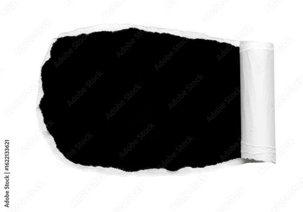 Poster a piece of torn white paper creates an opening with a black void behind it with a rolled edge on the
