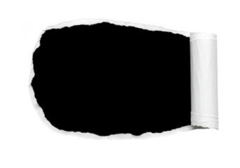 A piece of torn white paper creates an opening with a black void behind it with a rolled edge on the right side against a transparent background