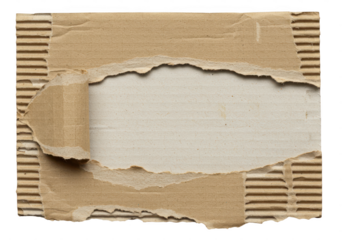 A piece of torn brown corrugated cardboard with a large ripped opening revealing a lighter inner layer against a transparent background