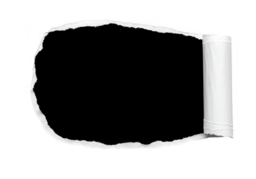 A piece of torn white paper creates an opening with a black void behind it with a rolled edge on the right side against a transparent background