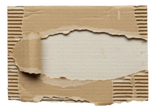 A piece of torn brown corrugated cardboard with a large ripped opening revealing a lighter inner layer against a transparent background