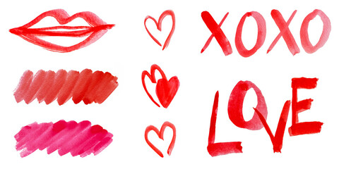 Red watercolor hearts and lips with the words love and xoxo isolated on white transparent background png file © Abhishek