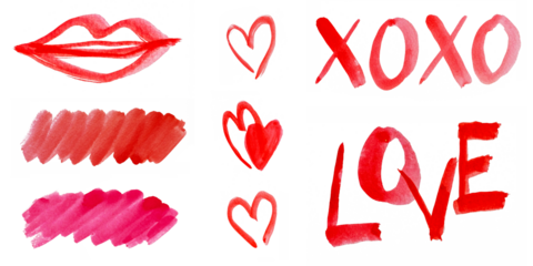 Red watercolor hearts and lips with the words love and xoxo isolated on white transparent background png file