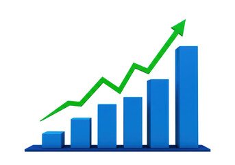 A blue bar graph shows a strong upward trend with a green arrow indicating significant business growth and financial success isolated on transparent