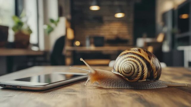 Snail with spiral shell crawling on wooden table near smartphone in modern office with blurred background indoor close up slow movement nature calm curious atmosphere warm lighting