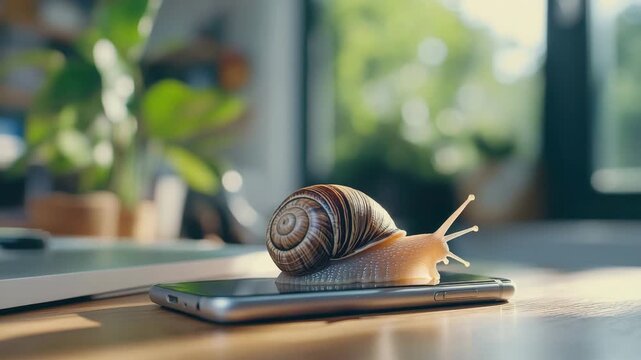 Snail crawling smartphone wooden table with natural light and blurred background showing close up of shell and slow movement of mobile device technology indoor setting creating calm peaceful