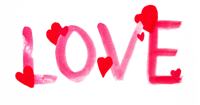 Love text with pink watercolor effect and red hearts on white background for romantic themes or Valentine's Day celebrations