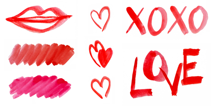 Red watercolor hearts and lips with the words love and xoxo isolated on white transparent background png file