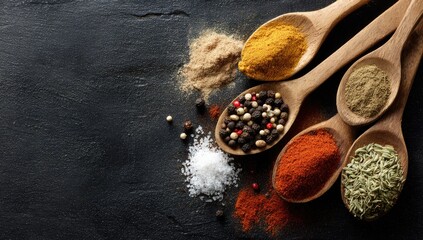 Wooden spoons filled with various spices, including turmeric, paprika, cumin, peppercorns, and dried herbs, arranged on a dark slate surface