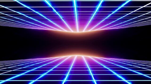Futuristic grid with neon lights in expanding tunnel and glowing horizon