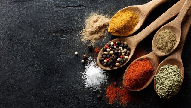 Wooden spoons filled with various spices, including turmeric, paprika, cumin, peppercorns, and dried herbs, arranged on a dark slate surface