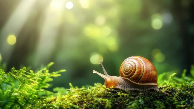 Snail with spiral shell crawling on green moss under soft sunlight in natural forest close up, peaceful animal scene with sunlight rays and calm nature atmosphere detailed shell