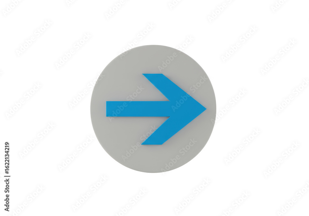 Poster a bright blue arrow points to the right centered within a light gray circle against a stark transpar