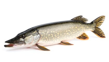 Obraz premium A Northern Pike, isolated on white, displays its olive-green scales and orange fins