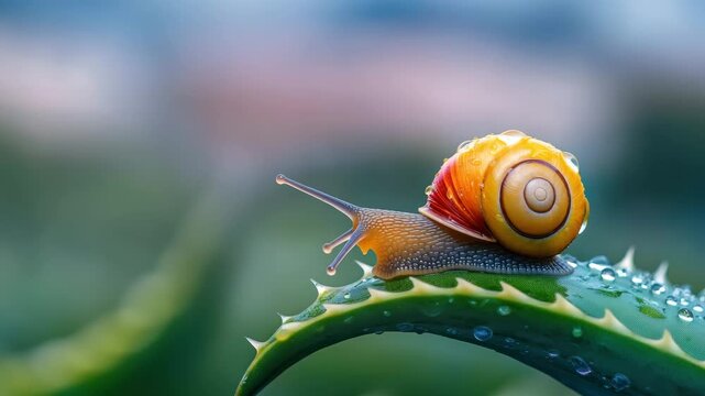 Snail with vibrant orange and yellow shell crawls on green thorny leaf covered with water droplets in close up macro, showcasing delicate texture and natural environment details