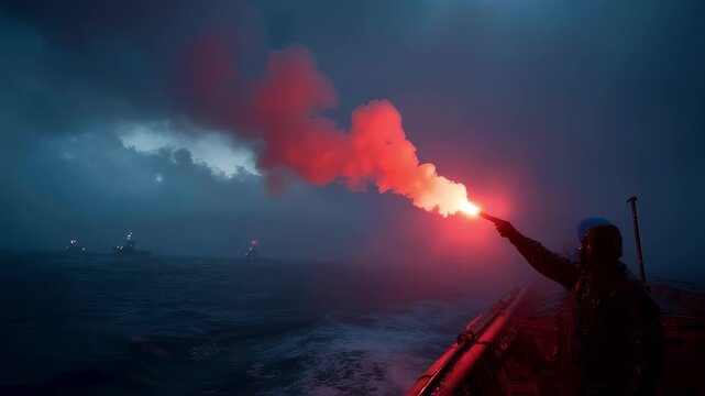 In an intense ocean environment a crew member stands in a lifeboat brandishing a signaling flare into the stormy sky while the silhouettes of rescue ships linger faintly on the distant